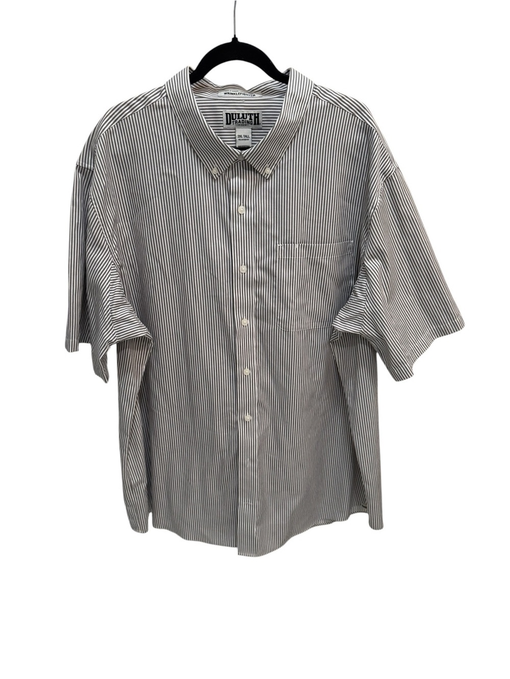 Duluth Trading Shirt Men 2XL Tall Gray/white Stripe Short Sleeve Wrinkle Fighter